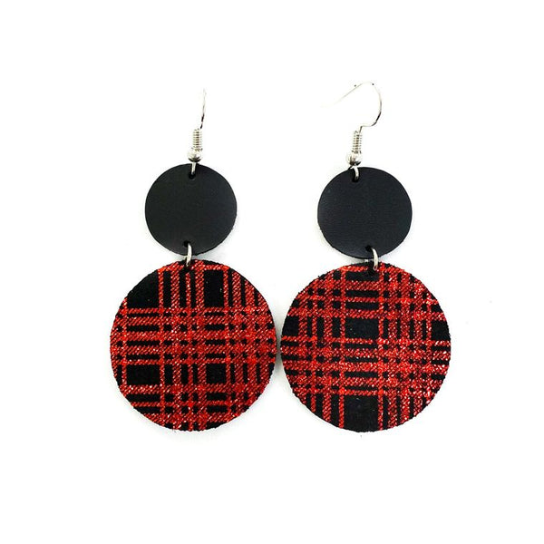 Buffalo Plaid Red Shimmer Dangle Leather Earrings