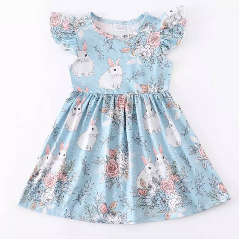 Pastel Blue Bunny Friends Flutter Sleeve Twirl Dress- CLEARANCE
